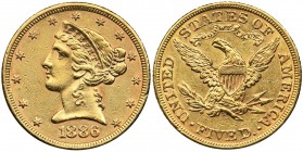 USA, 5 dollars Philadelphia 1886 - Liberty Head
Dużo menniczego połysku.
Złoto .900&nbsp; 8.33 g.
Reference: Friedberg 143
Grade: XF/XF+