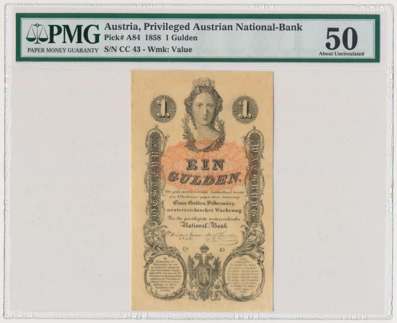 Austria 1 gulden 1858 - PMG 50
Attractive piece. 
Lightly folded. Crease at bo...