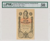 Austria 1 gulden 1858 - PMG 50
Attractive piece. 
Lightly folded. Crease at bottom, left corner.&nbsp;
Clean with great eye appeal.
Banknot w pięk...