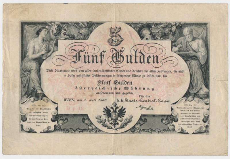Austria 5 gulden 1866
Attractive piece with few folds and creases and minor tea...
