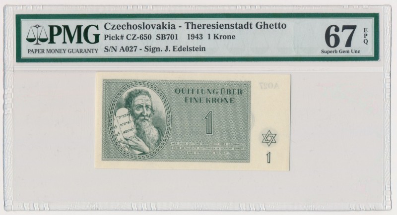 Czechosłowacja, Getto Terezin 1 korona 1943 - PMG 67 EPQHigh grade assigned by P...