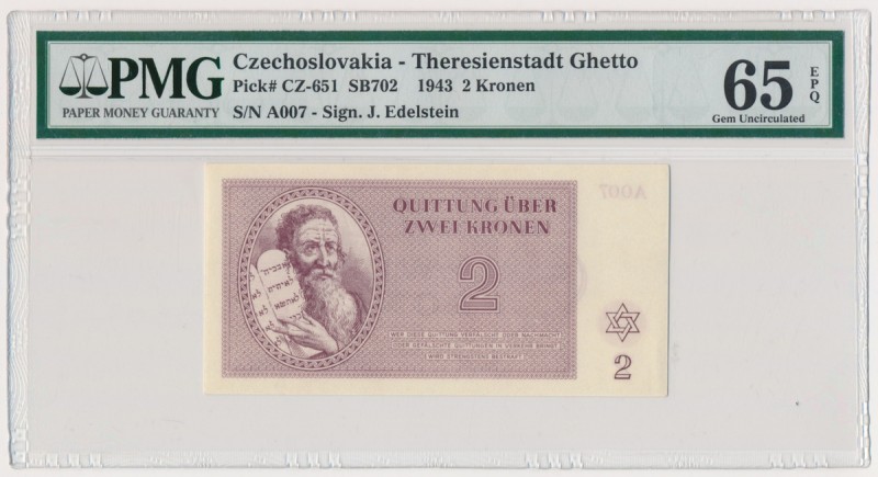 Czechosłowacja, Getto Terezin 2 korony 1943 - PMG 65 EPQHigh grade assigned by P...