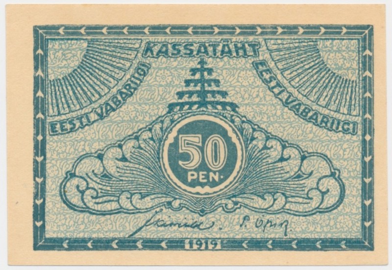 Estonia, 50 penni 1919
&nbsp;Reference: Pick# 42a
Grade: UNC/AU