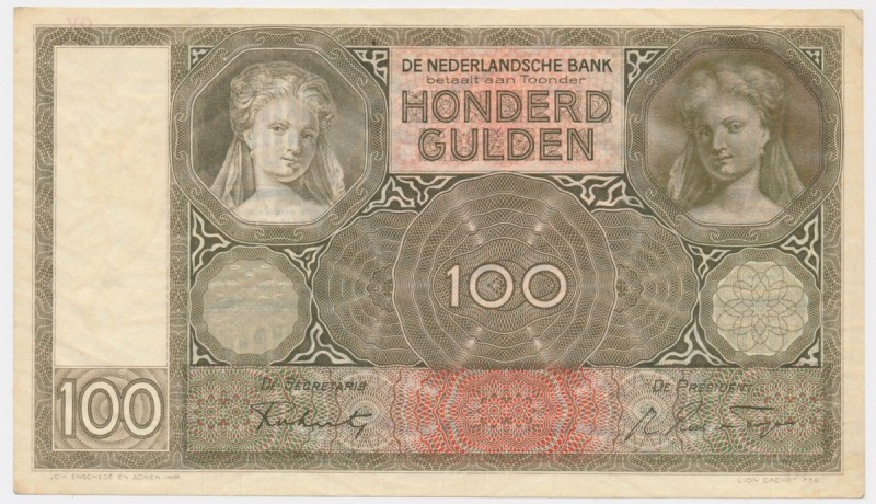Holland, 100 gulden (1942-44)
Creased at center. Never washed or pressed.
Złam...