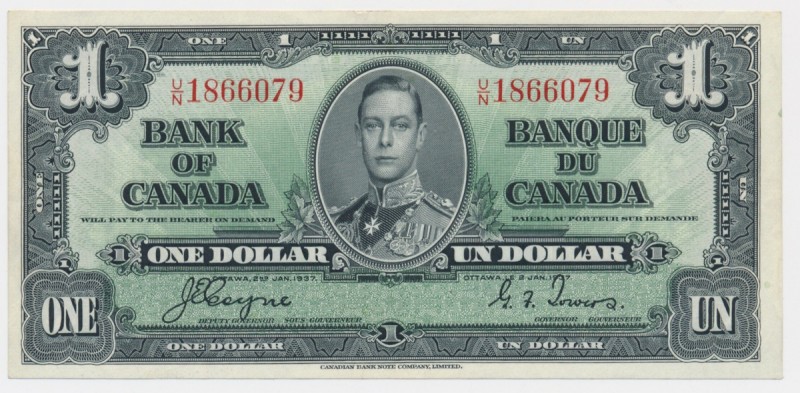 Canada, 1 dollar 1937
One veritcall crease.&nbsp;
Never washed or pressed.
Pr...