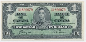 Canada, 1 dollar 1937
One veritcall crease.&nbsp;
Never washed or pressed.
Przełamany przez środek.
Naturalny z blaskiem druku.Reference: Pick# 58...
