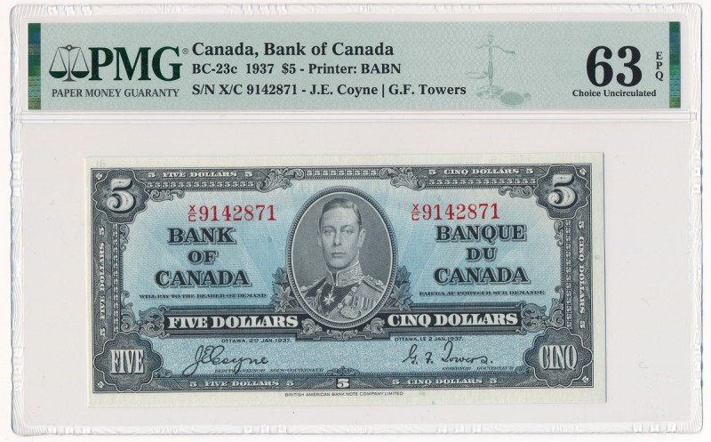 Canada, 5 dollars 1937 - PMG 63 EPQ
Stan emisyjny.Reference: Pick# 60c, BC-23c...