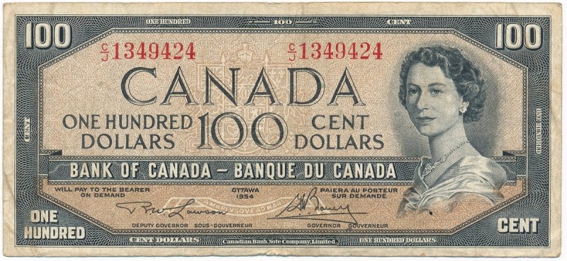 Canada, 100 dollars 1954
Circulated piece with numerous folds and creases but n...