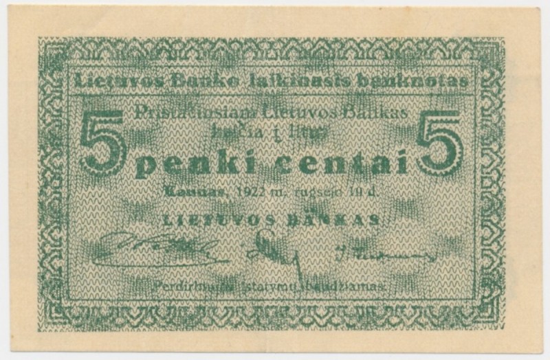 Lithuania, 5 centai 1922
Double vertical crease, otherwise a nice, fresh note.&...