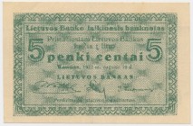 Lithuania, 5 centai 1922
Double vertical crease, otherwise a nice, fresh note.&nbsp;
Never washed or pressed.
Rzadki banknot.
Podwójnie złamany pr...
