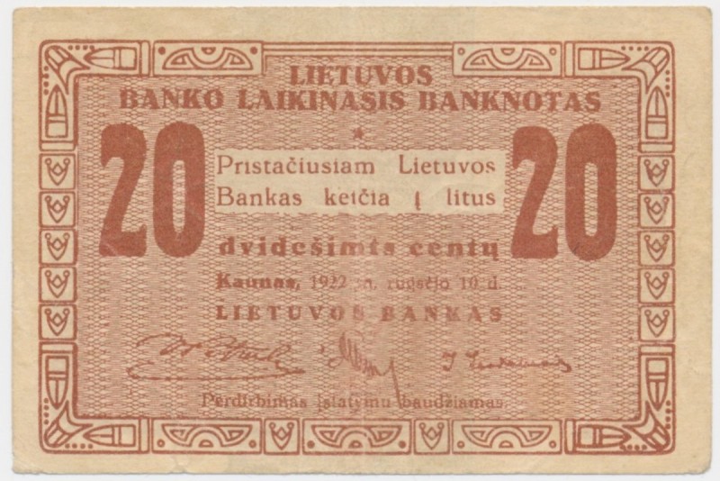 Lithuania, 20 centu 1922
Numerous folds but paper still in good condition.&nbsp...