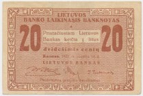 Lithuania, 20 centu 1922
Numerous folds but paper still in good condition.&nbsp;
Good eye appeal.
Rzadki banknot z pierwszej emisji.
Kilkukrotnie ...