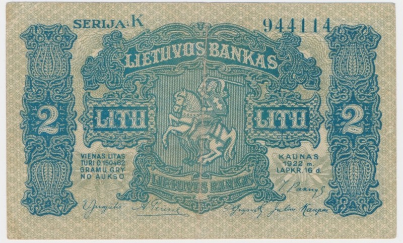 Lithuania, 2 litu 1922 - RARE
Rare.
Numerous folds but paper still in good con...
