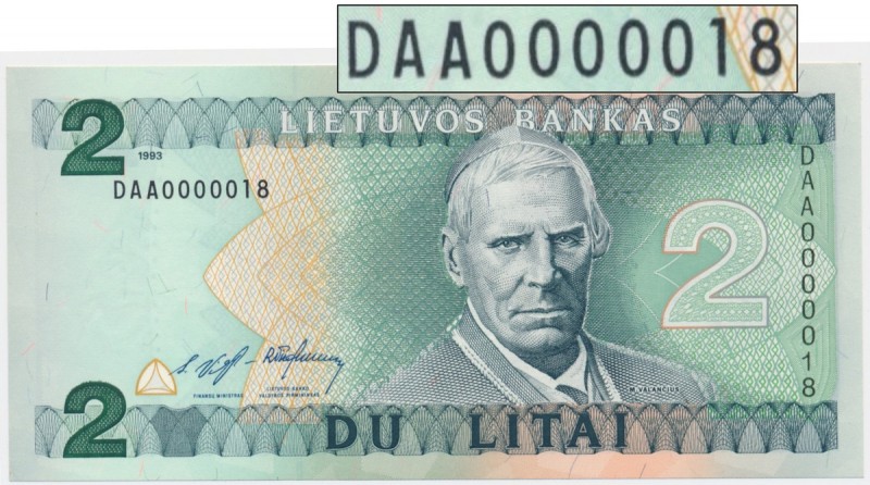 Lithuania, 2 litu 1993 - DAA 0000018 - low serial number
Very low serial number...