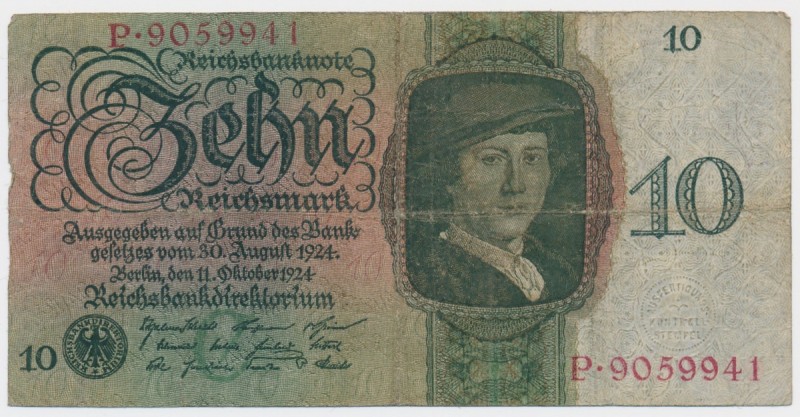 Germany, 10 mark 1924
7 digit serial number.&nbsp;
Slight damge at left edge. ...