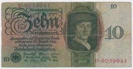 Germany, 10 mark 1924
7 digit serial number.&nbsp;
Slight damge at left edge. Paper slightly soft but without major defects.
Never washed or presse...