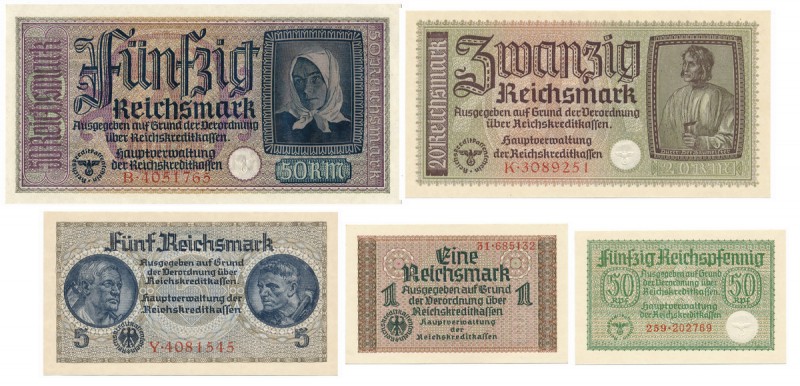 Germany, Lot 50 Reichspfennig - 50 Reichsmark (5pcs)
All crisp uncirculated, on...