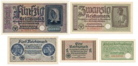Germany, Lot 50 Reichspfennig - 50 Reichsmark (5pcs)
All crisp uncirculated, only 1 mark with light vetricall fold.
Piękne, emisyjne stany zachowani...