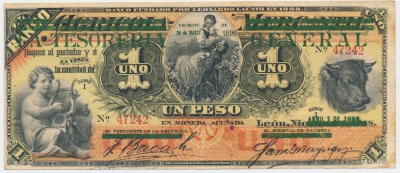 Nicaragua, 1 Peso 1896
A nice, strong VF note with bright colours and original ...