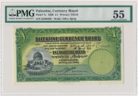 Palestine, 1 pound 1939 - PMG 55
Beautifull piece with bright colours and great eye appeal.&nbsp;
One light verticall fold, otherwise an about uncir...