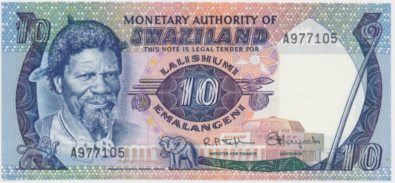 Swaziland, 10 emalangeni (1974) - A - first issue
Tip of bottom, right corner c...