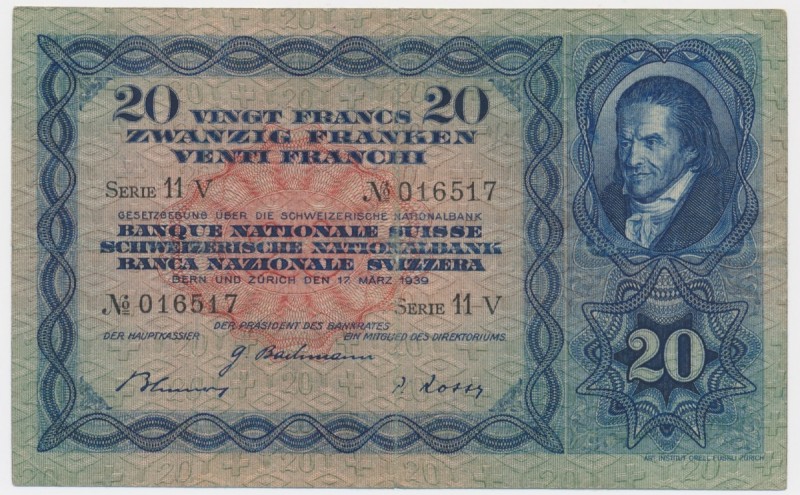 Switzerland, 20 francs 1939
Numerous folds and creases but no tears. Never wash...