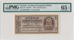 Ukraine, 5 karbovantsiv 1942 - PMG 65 EPQ
Beautifull uncirculated piece.
Pięknie zachowane.Reference: Khartinov 47, Pick #51
Grade: PMG 65 EPQ