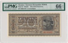 Ukraine, 20 karbovantsiv 1942 - PMG 66 EPQ
Crisp uncirculated piece.
Emisyjny stan zachowania.Reference: Khartinov 49, Pick #53
Grade: PMG 66 EPQ