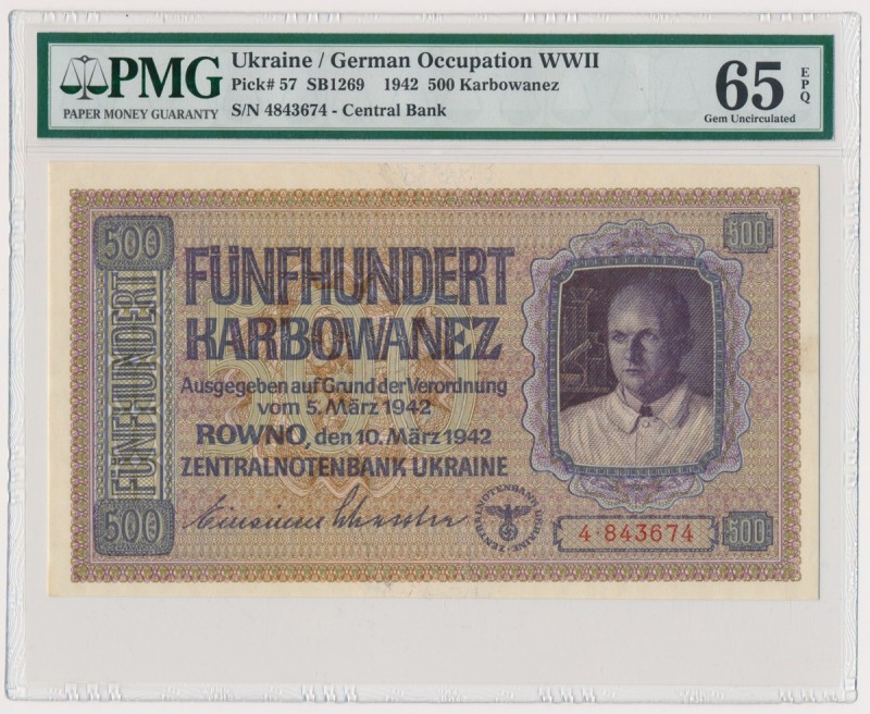 Ukraine, 500 karbovantsiv 1942 - PMG 65 EPQ
Natural piece with bright colours. ...