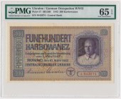 Ukraine, 500 karbovantsiv 1942 - PMG 65 EPQ
Natural piece with bright colours. Second highest grade in PMG population report.&nbsp;

Rare in such a...