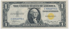 USA, 1$ 1935 A Silver Certificate - gold seal
Paper surface is slightly wavy around bottom edge, most likely lightly washed.
Rare in this condition....
