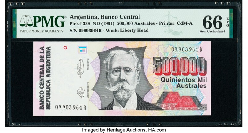 Argentina Banco Central 500,000 Australes ND (1991) Pick 338 PMG Gem Uncirculate...