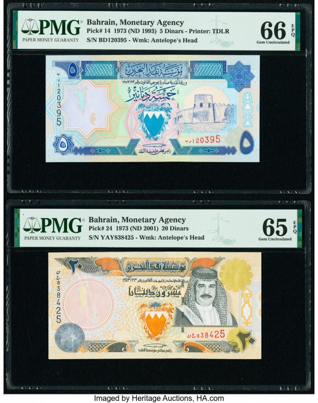 Bahrain Monetary Agency 5; 20 Dinars 1973 (ND 1993-2001) Pick 14; 24 Two Example...