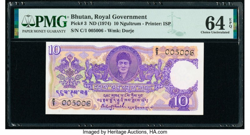 Bhutan Royal Government 10 Ngultrum ND (1974) Pick 3 PMG Choice Uncirculated 64 ...