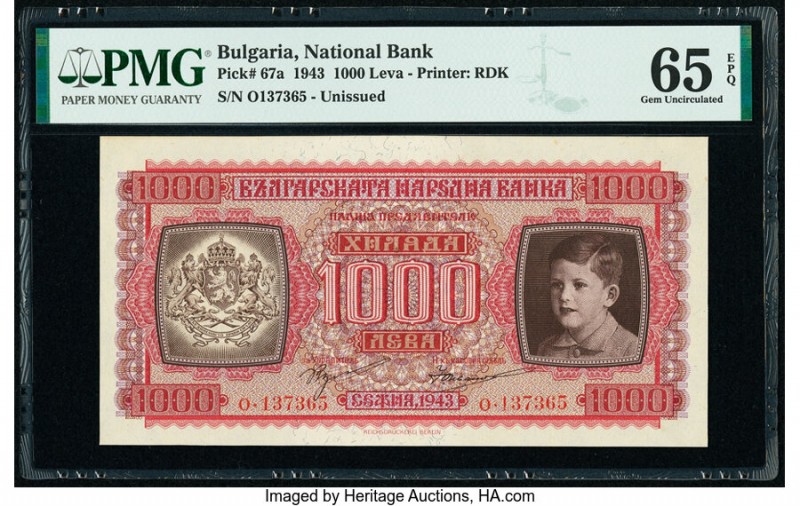 Bulgaria Bulgaria National Bank 1000 Leva 1943 Pick 67a Unissued PMG Gem Uncircu...