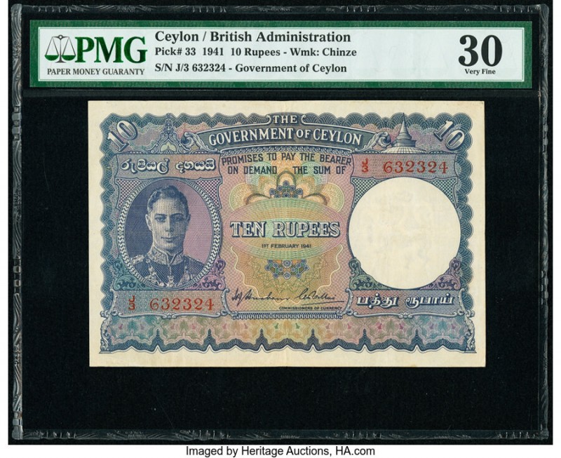 Ceylon Government of Ceylon 10 Rupees 1.2.1941 Pick 33 PMG Very Fine 30. Minor r...