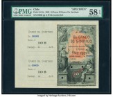 Chile Banco de Santiago 10 Pesos 1883 Pick S414s Specimen with Counterfoil PMG Choice About Unc 58 EPQ. Four POCs; red Specimen overprints.

HID098012...