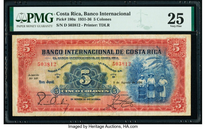 Costa Rica Banco Internacional de Costa Rica 5 Colones 5.8.1936 Pick 180a PMG Ve...