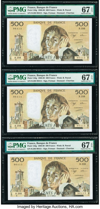 France Banque de France 500 Francs 2.2.1989 Pick 156g Three Consecutive Examples...