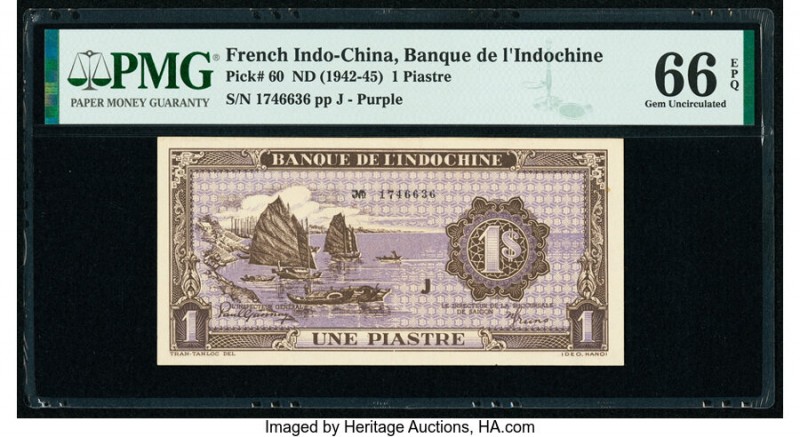 French Indochina Banque de l'Indo-Chine 1 Piastre ND (1942-45) Pick 60 PMG Gem U...