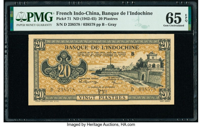 French Indochina Banque de l'Indo-Chine 20 Piastres ND (1942-45) Pick 71 PMG Gem...