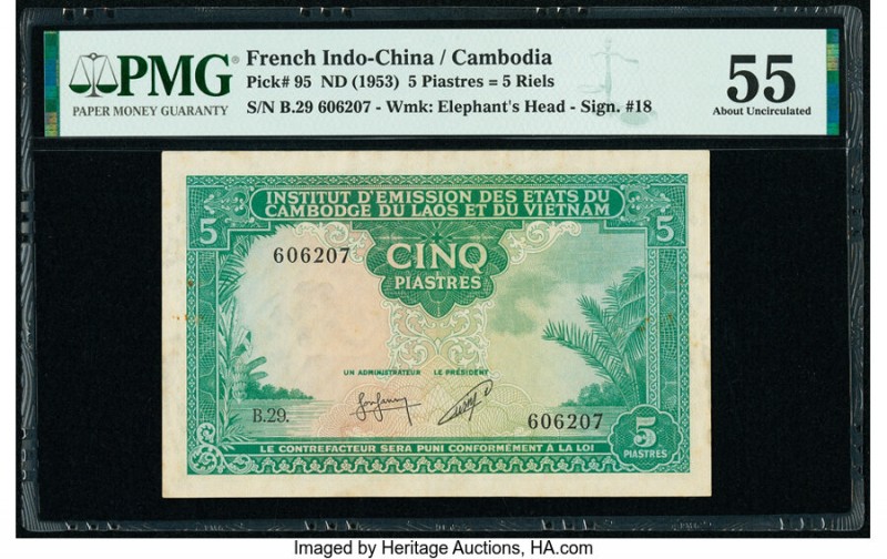 French Indochina Institut d'Emission des Etats, Cambodia 5 Piastres = 5 Riels ND...
