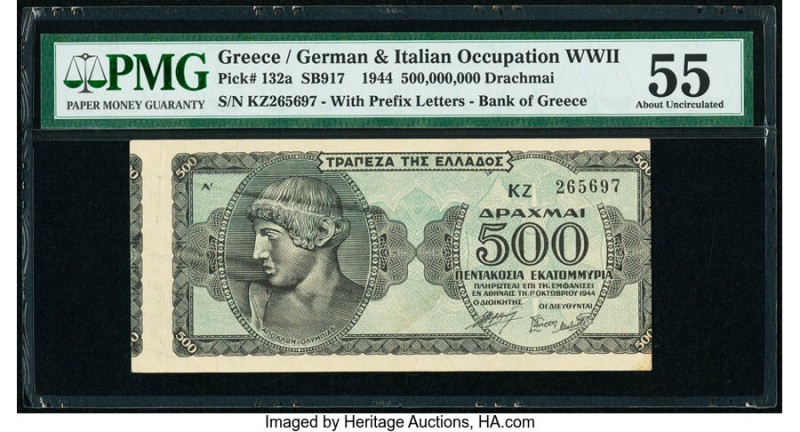 Printing Error Greece Bank of Greece 500,000,000 Drachmai 1944 Pick 132a PMG Abo...