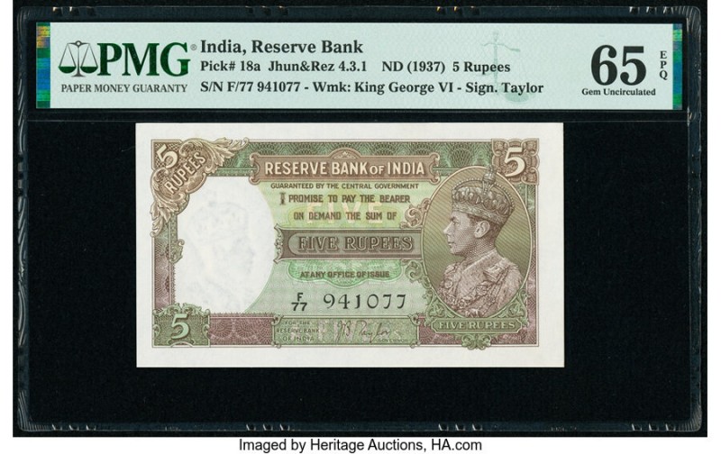 India Reserve Bank of India 5 Rupees ND (1937) Pick 18a Jhun4.3.1 PMG Gem Uncirc...
