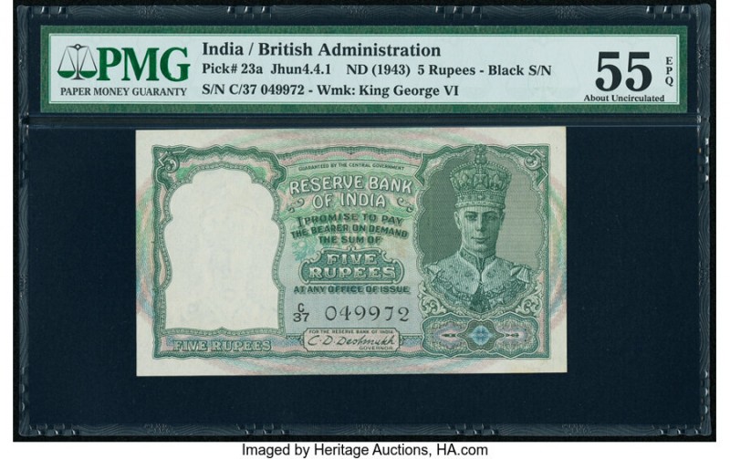 India Reserve Bank of India 5 Rupees ND (1943) Pick 23a Jhun4.4.1 PMG About Unci...