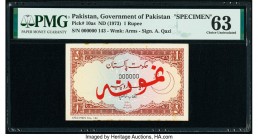 Pakistan Government of Pakistan 1 Rupee ND (1973) Pick 10as Specimen PMG Choice Uncirculated 63. Minor Stains and the sole graded example on the PMG c...