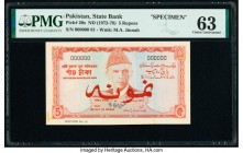Pakistan State Bank of Pakistan 5 Rupees ND (1972-78) Pick 20s Specimen PMG Choice Uncirculated 63. Minor Stains and one of only three graded on the P...