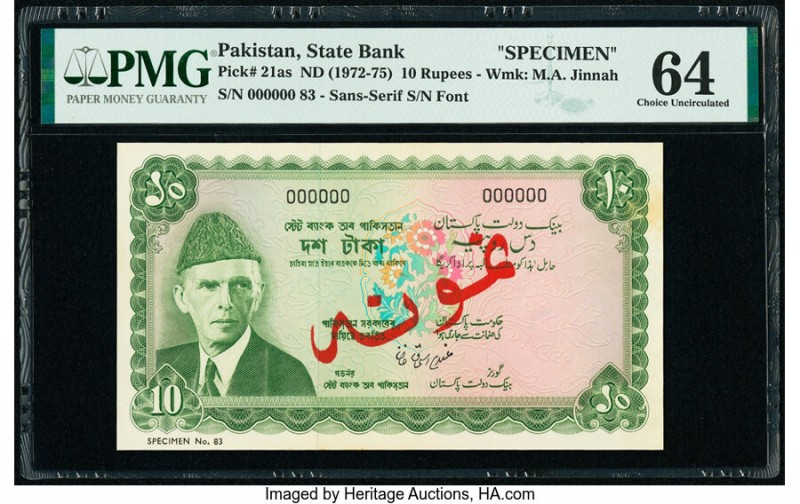 Pakistan State Bank of Pakistan 10 Rupees ND (1972-75) Pick 21as Specimen PMG Ch...