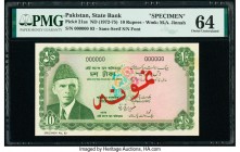 Pakistan State Bank of Pakistan 10 Rupees ND (1972-75) Pick 21as Specimen PMG Choice Uncirculated 64. This example is one of only two graded on the PM...