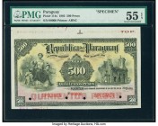 Paraguay Republica del Paraguay 500 Pesos 7.1903 Pick 114s Specimen PMG About Uncirculated 55 EPQ. Four POCs; red Specimen overprints; ink annotations...